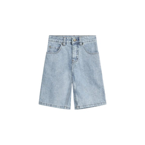 Denim shorts lay flat, displaying front pockets, belt loops, and a button closure. The background is plain white, emphasizing the light blue fabric and stitching details.