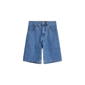 Denim shorts lie flat against a plain, light gray background, displaying front pockets, a button closure, and belt loops, highlighting their casual and versatile design.
