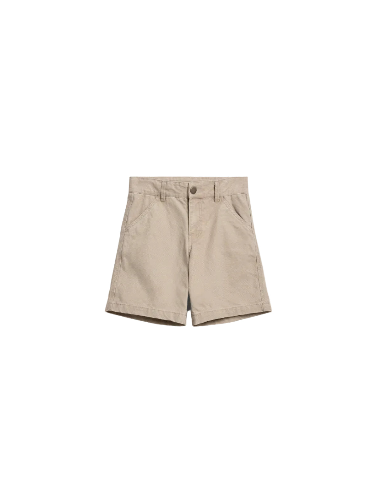 Beige khaki shorts with front button, belt loops, and side pockets, displayed against a plain white background.