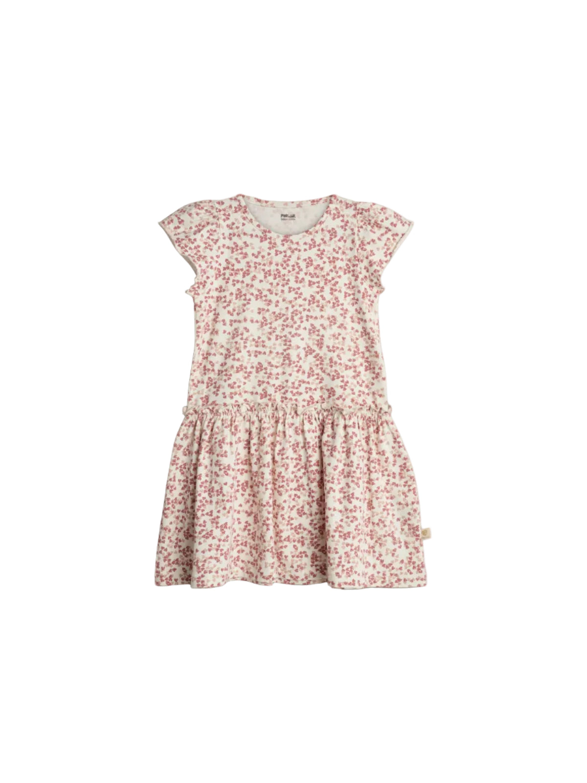 A cream-colored, short-sleeve dress is covered in a red butterfly pattern. It features a gathered waist and a casual design for children. Background is plain white.