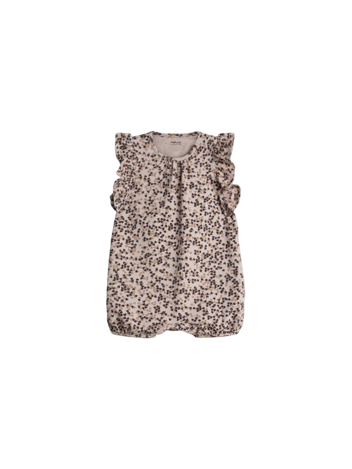 A floral-patterned baby romper with ruffled sleeves is displayed against a plain background. The text inside reads, "Pomp de Lux ORGANIC COTTON."