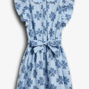 A light blue dress with blue floral patterns, features ruffled sleeves and a button-down front, tied with a waist bow, set against a plain white background.
