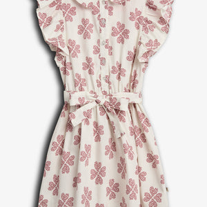 Dress with red floral patterns and buttons, featuring ruffled sleeves and a tie around the waist. Positioned against a plain white background.