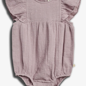 Baby romper with flutter sleeves, featuring a textured, light purple fabric with small embroidered patterns. It's displayed against a plain white background, showcasing its intricate design.