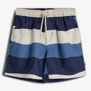 Shorts with horizontal navy and beige stripes, featuring an elastic waistband with drawstring, positioned against a plain white background.
