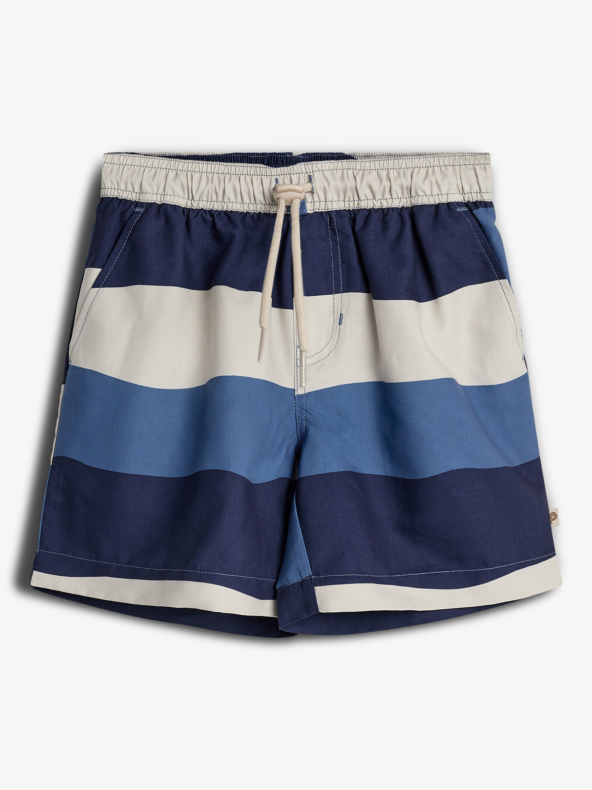 Shorts with horizontal navy and beige stripes, featuring an elastic waistband with drawstring, positioned against a plain white background.