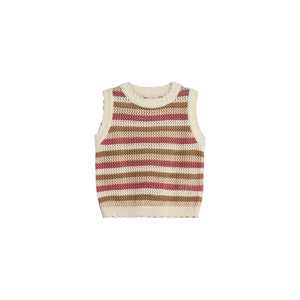 A knitted sleeveless vest displays horizontal stripes in cream, brown, and pink. It lies flat against a plain white background.