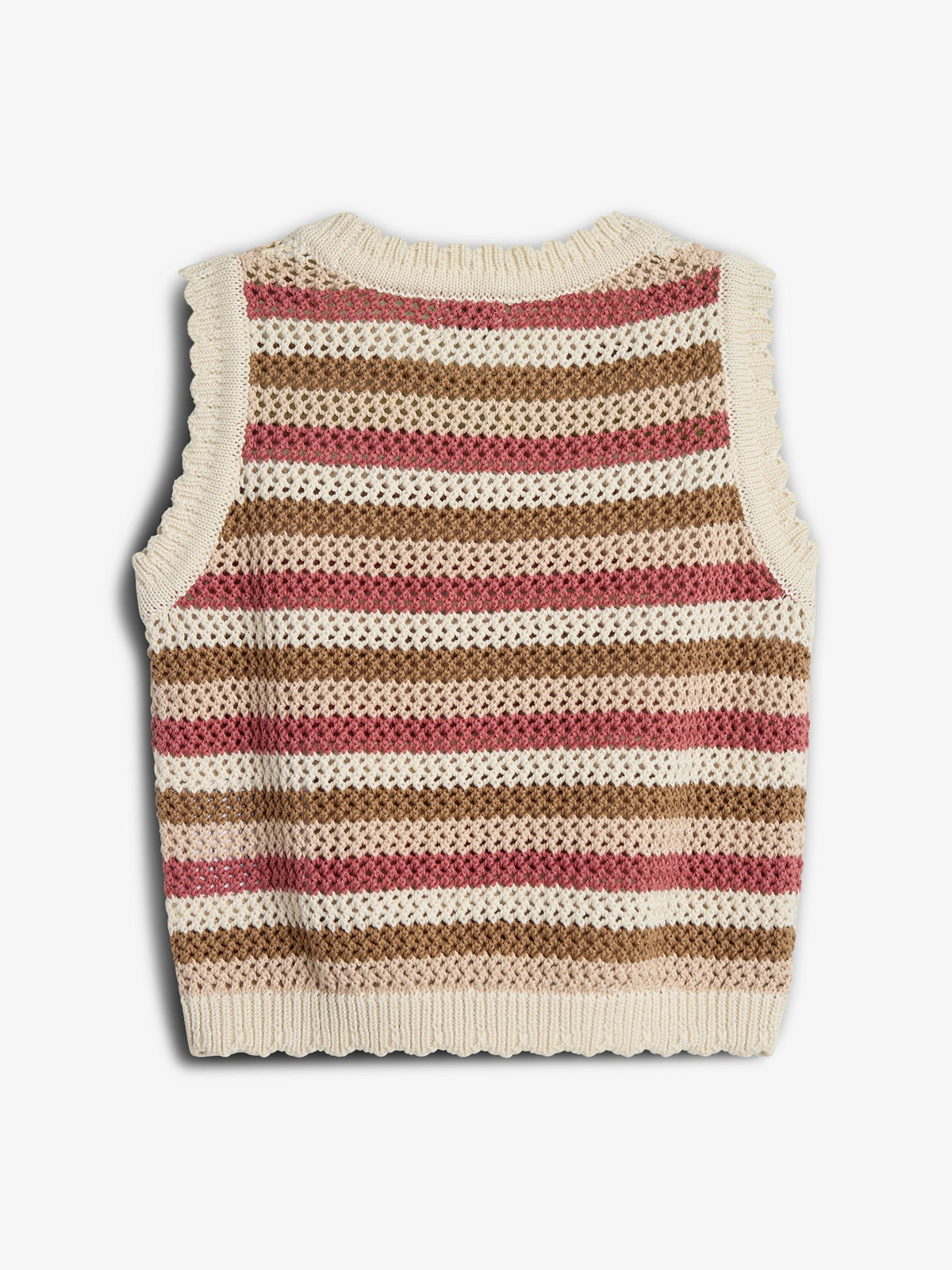 Ein gestricktes ärmelloses Oberteil zeigt horizontale Streifen in Rot, Braun und Beige. Es liegt flach auf einem einfachen, weißen Hintergrund ohne weitere Elemente.