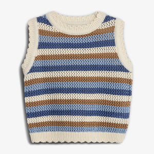 Sleeveless knit vest with cream, brown, and blue horizontal stripes, featuring a ribbed crew neckline and hem, set against a plain white background.