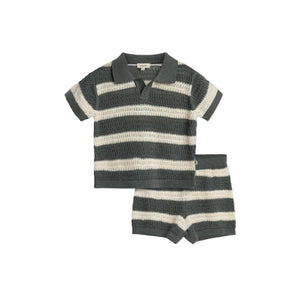 A knitted outfit features a short-sleeved collared shirt and shorts with green and white stripes. The label inside the shirt reads "pamelacute." Both pieces have a textured, open-knit design.