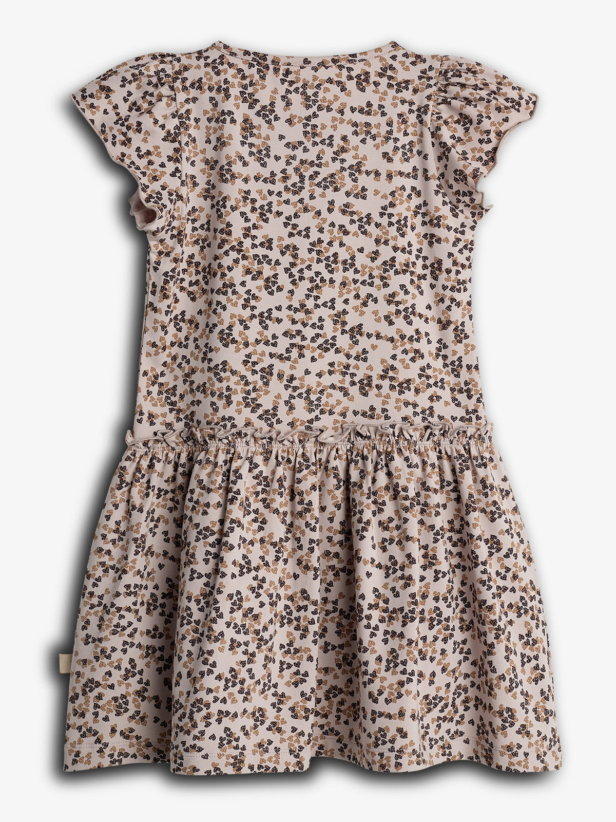 Kleid mit Rüschenärmeln, ruht auf hellem Hintergrund. Es ist mit kleinen, braunen und schwarzen Blumenmustern bedruckt und hat einen gerafften Rockteil.