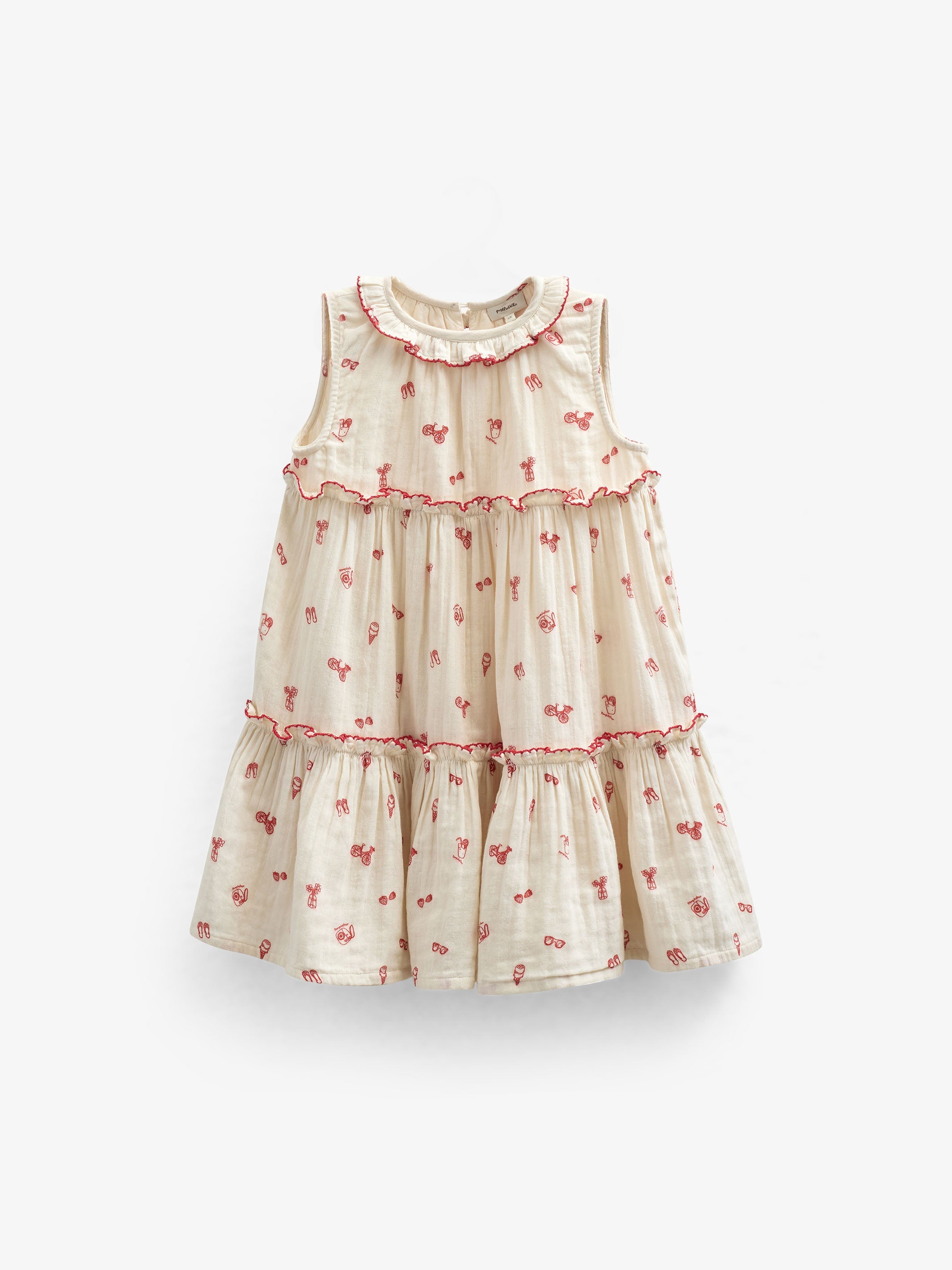 Bedrucktes Gaze-Kleid mit Kragen - Kids - Offwhite/Cherry Red | 100975 Fiona