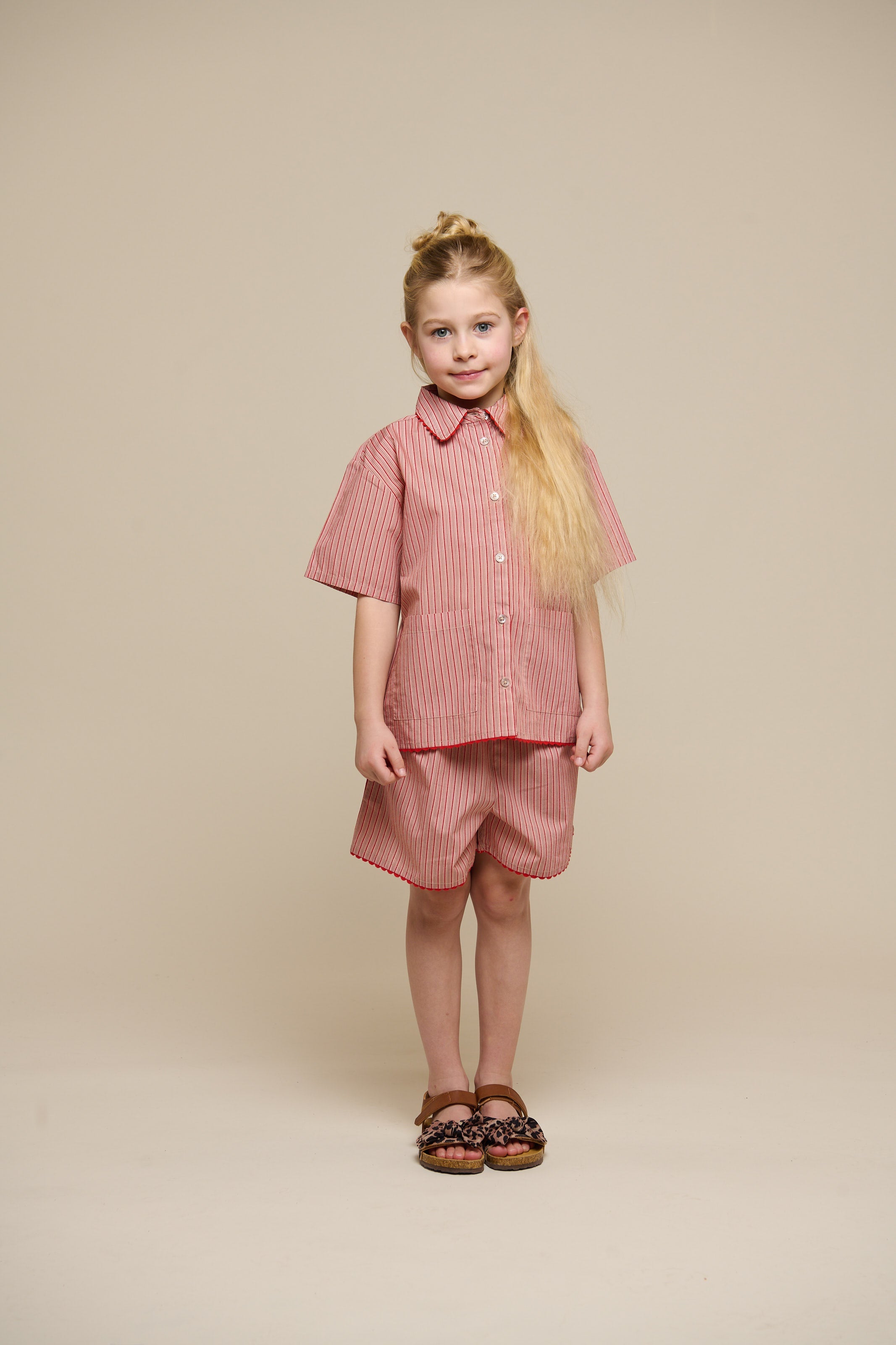 Gestreiftes Poplinhemd und Shorts Set - Tween - Old Rose/Cherry Red | 100947 Olivia