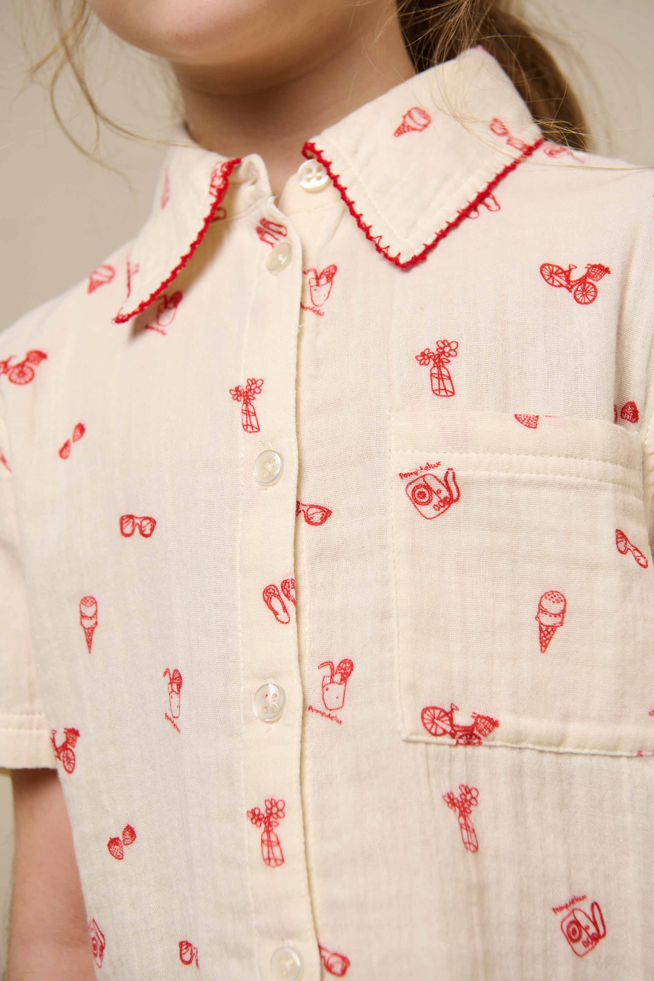 Bedrucktes Gaze Hemd und Shorts Set - Tween - Offwhite/Cherry Red | 100973 Fiona