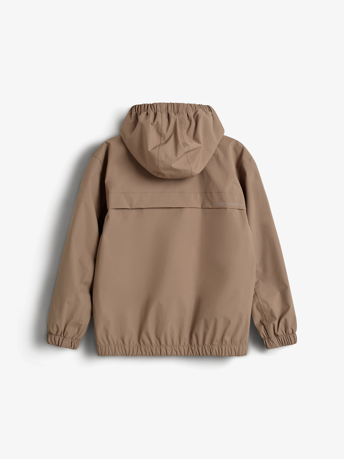 Eine beige Jacke mit Kapuze, die auf einem weißen Hintergrund liegt. Die Jacke hat elastische Bündchen an den Ärmeln und am Saum. Keine sichtbaren Logos oder Muster.