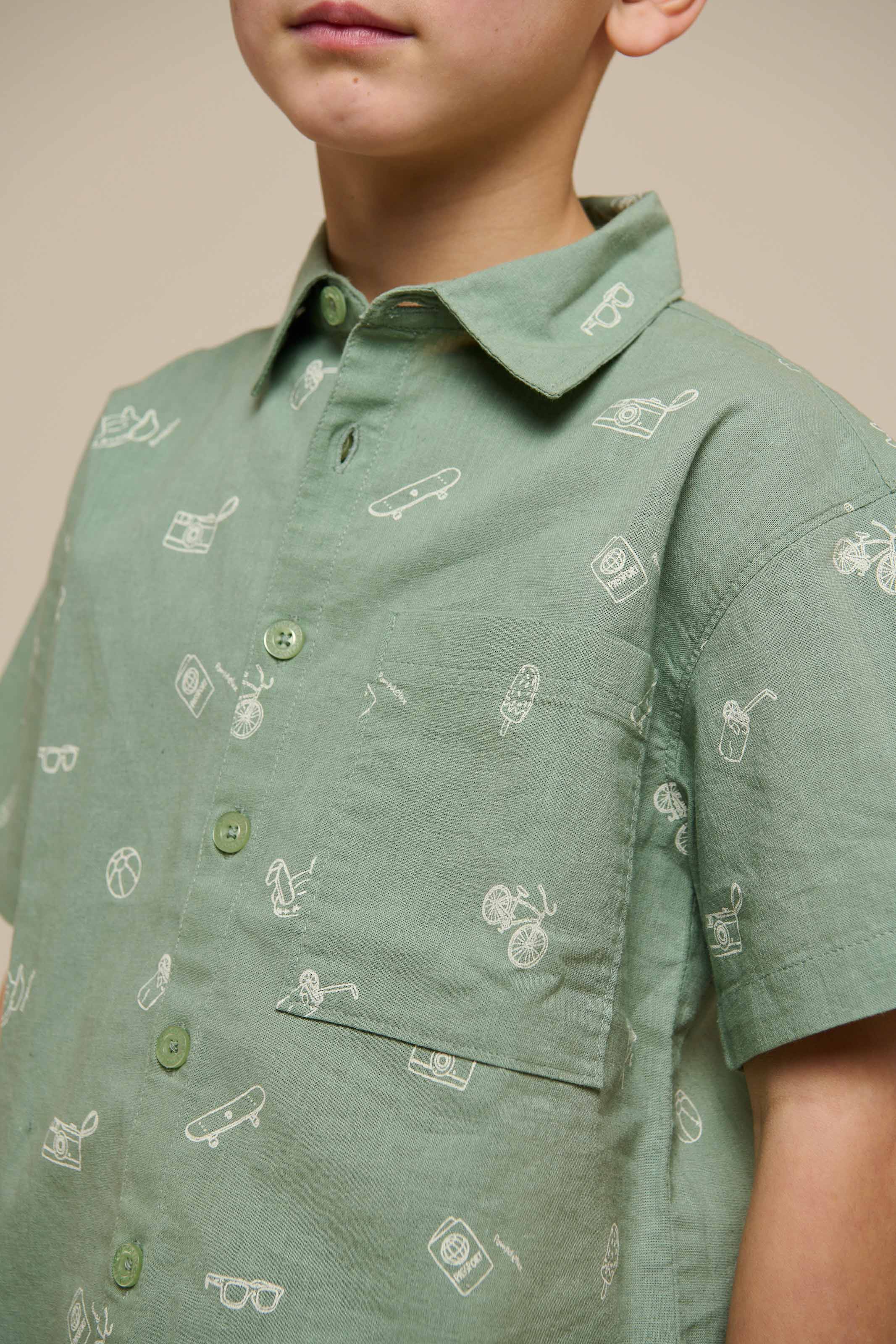Bedrucktes Leinenmix Hemd - Tween - Dusty Green | 101166 William