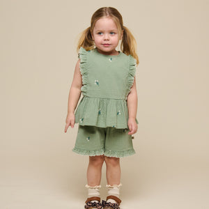 Besticktes Seersucker-Top - Kids - Dusty Green | 100980 Nora
