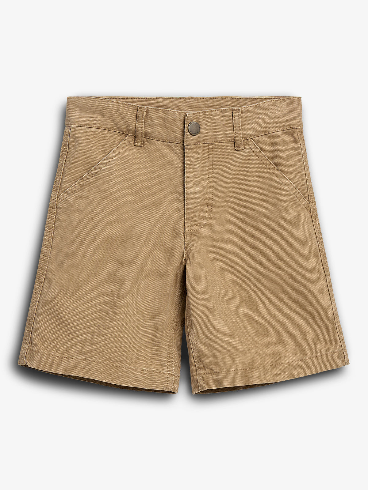 Beige Shorts liegen flach auf einer weißen Oberfläche. Sie haben einen Knopfverschluss und zwei seitliche Taschen, ideal für Sommeraktivitäten.