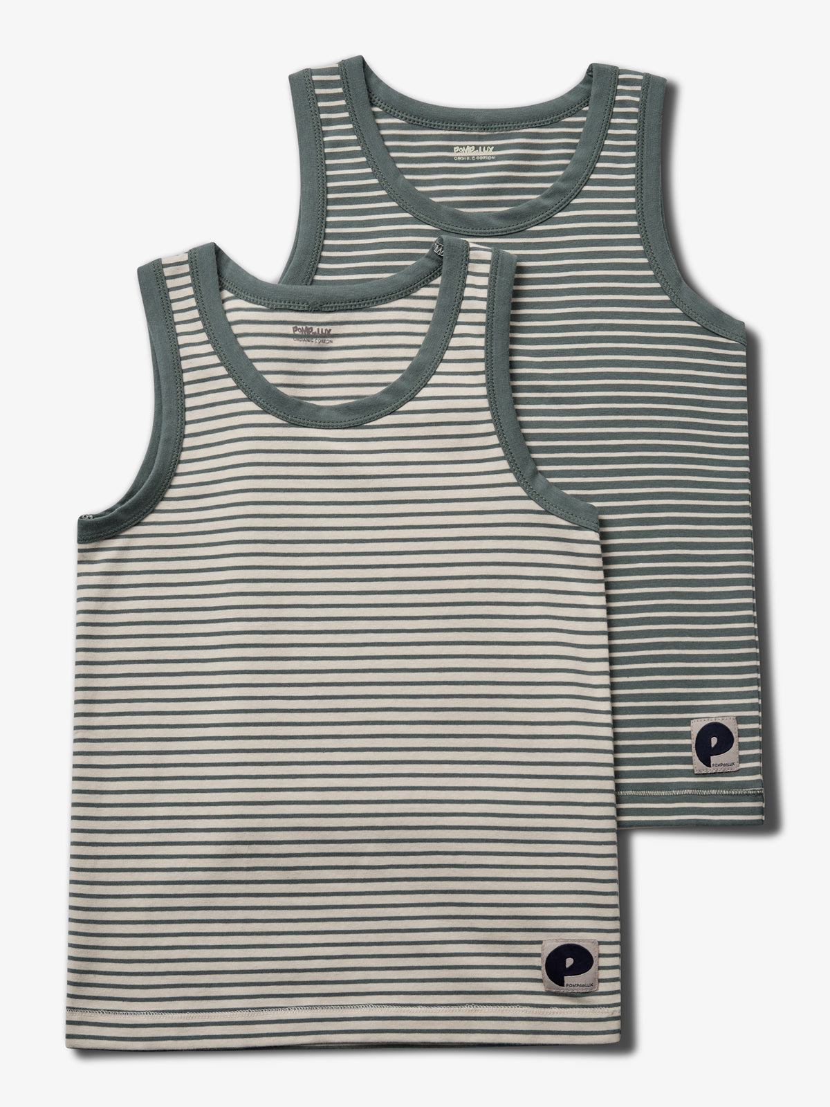 Zwei gestreifte Tanktops, übereinander liegend, in Grau- und Grüntönen mit dunklem Saum. Eine etikettierte Ecke trägt das „P“ Logo von „POMPdeLUX“. Text im Nackenbereich: "POMPdeLUX CPH-01 GERMANY."