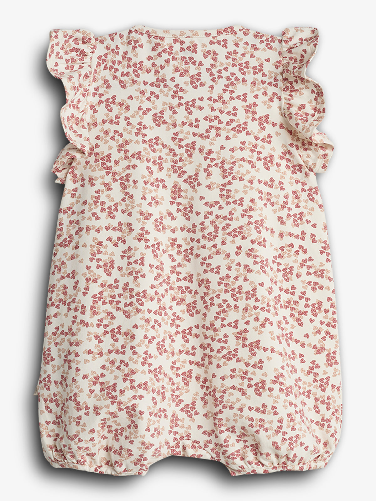 Ein babyblauer, ärmelloser Strampler mit rosa floralen Mustern und Rüschen an den Schultern, hängt vor einem schlichten weißen Hintergrund.