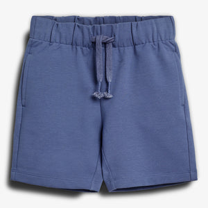 Blue elastic-waist shorts with drawstring, displayed flat on a plain light gray background, showcasing casual style and front pockets for a relaxed, comfortable look.