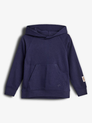 A dark blue hoodie features a kangaroo pocket with a small logo on the lower front. The background is plain white, emphasizing the garment's design and color.