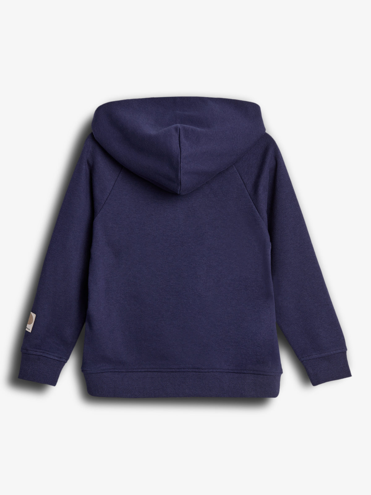 Dark blue hooded sweatshirt lies flat in a neutral white background. The back view shows long sleeves, ribbed cuffs, and a small tag on the left sleeve.