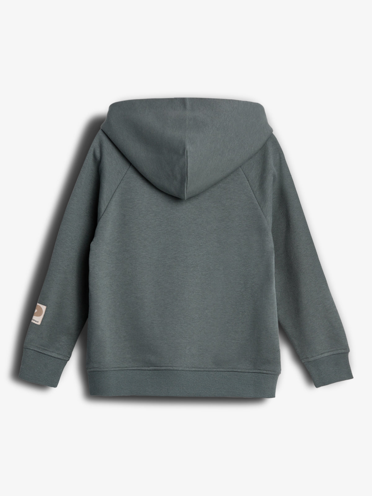 A gray hooded sweatshirt is shown from the back, displaying long sleeves and a small beige patch on the left sleeve, set against a plain white background.