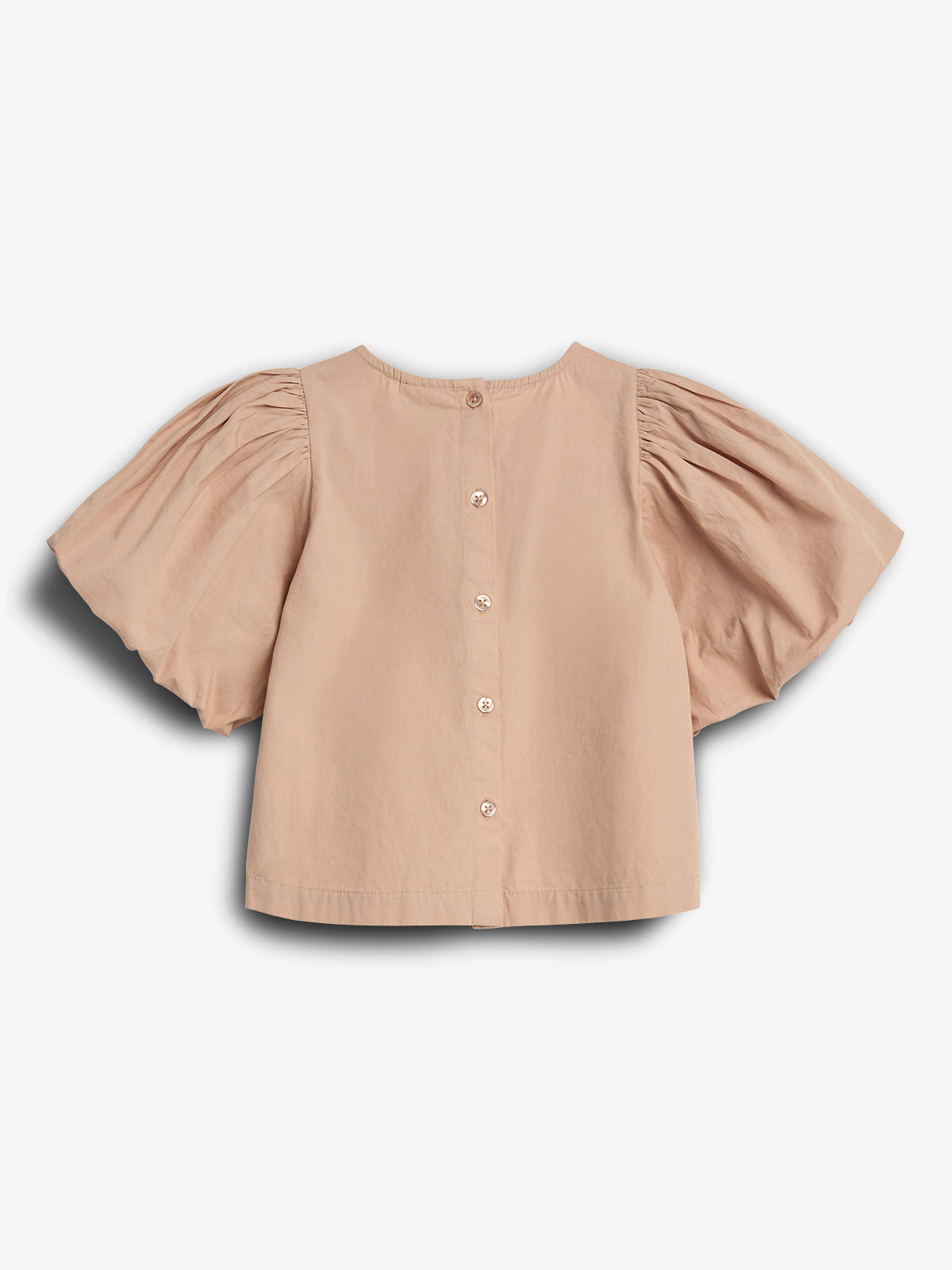 A beige button-up blouse with short, puffed sleeves is displayed against a plain, white backdrop. The garment features a simple back design with buttons descending from the neckline.
