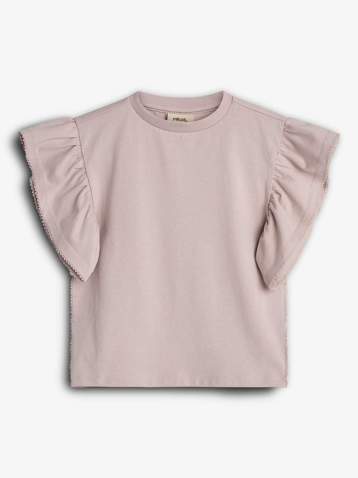 A light pink short-sleeve top with ruffled sleeves hangs against a white background. The label inside reads "POPMANIA." The sleeves feature delicate lace trimming along the edges.