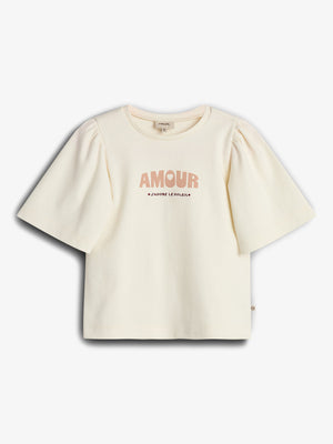 T-Shirt mit Puffärmeln und Aufdruck - Off White | 100259 Rosa