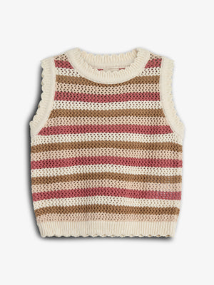 Oberteil: Ein gestricktes ärmelloses Oberteil mit Streifen in Beige, Rosa und Braun. Kontext: Liegt auf einem weißen Hintergrund.