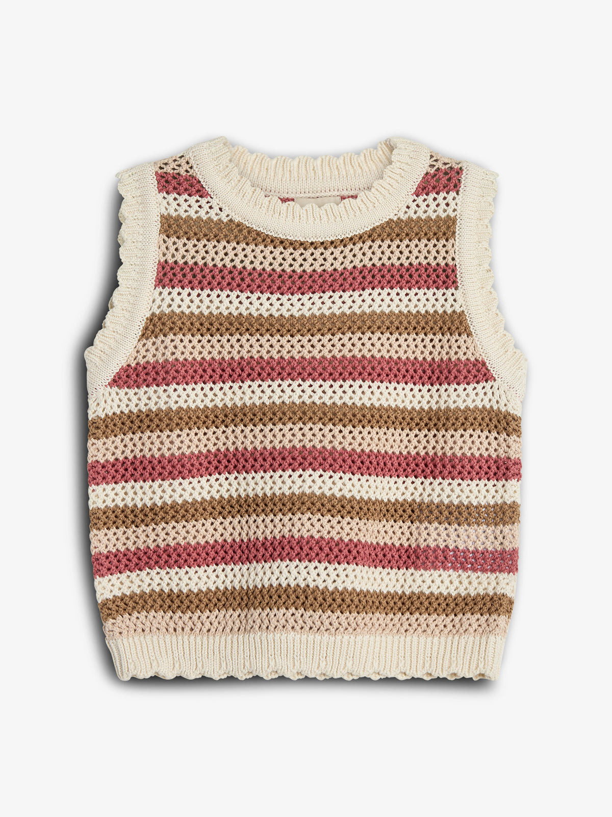 Oberteil: Ein gestricktes ärmelloses Oberteil mit Streifen in Beige, Rosa und Braun. Kontext: Liegt auf einem weißen Hintergrund.