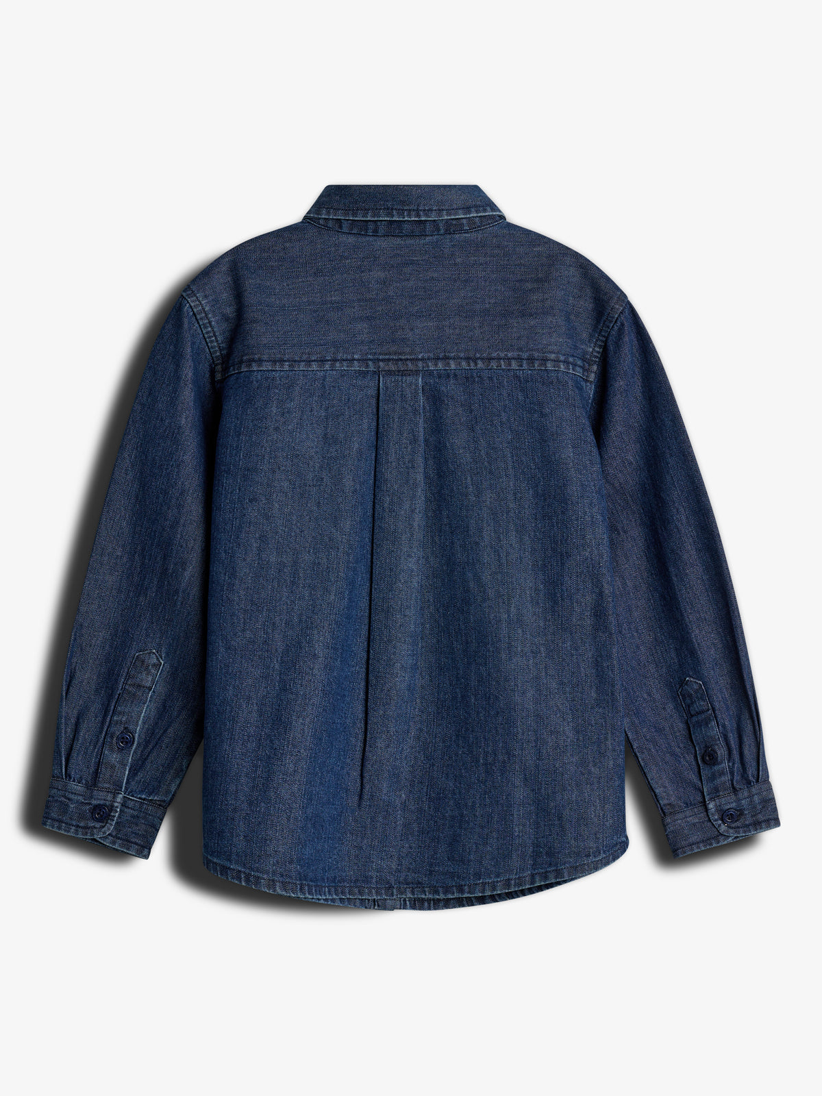 Dunkelblaue Jeansjacke, rückwärtige Ansicht ohne sichtbares Logo oder Aufdruck, weißer Hintergrund. Jacke hat lange Ärmel mit Knöpfen.