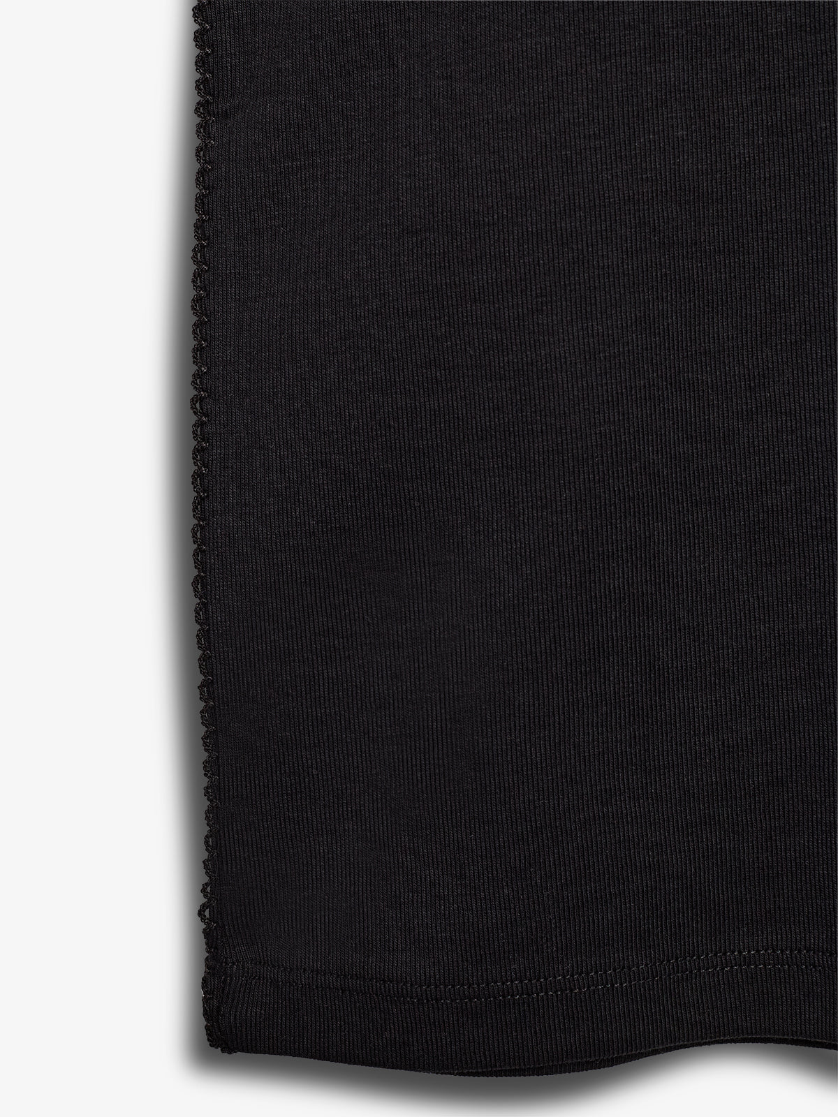 A piece of black fabric exhibits a textured pattern with visible stitching along the edges, set against a plain, white background.