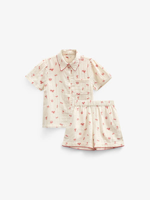 Bedrucktes Gaze Hemd und Shorts Set - Tween - Offwhite/Cherry Red | 100973 Fiona