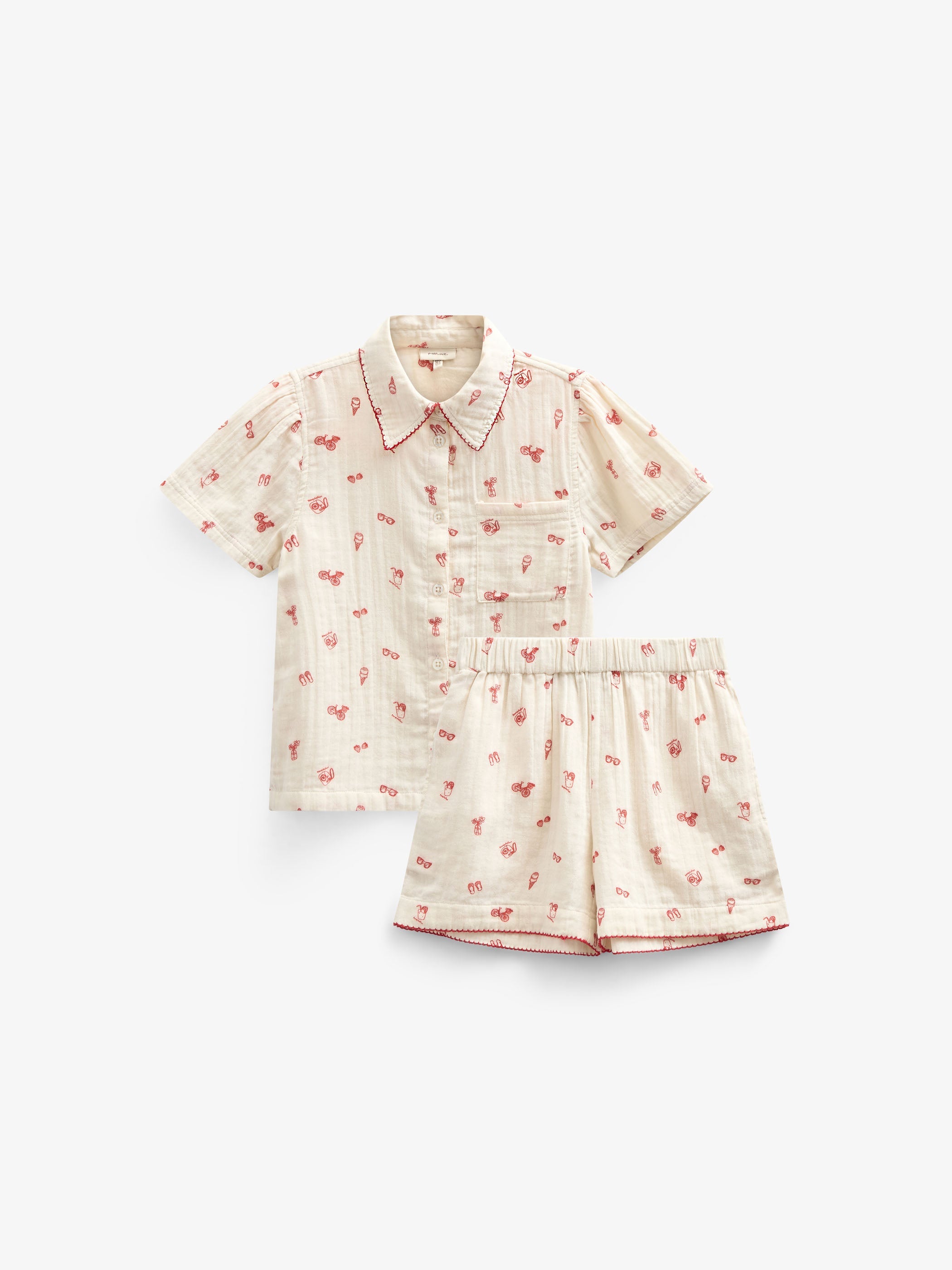 Bedrucktes Gaze Hemd und Shorts-Set - Kids - Offwhite/Cherry Red | 100972 Fiona