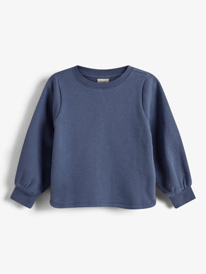 Ein blauer Pullover hängt ruhig vor einem weißen Hintergrund. Er hat lange Ärmel und gerippte Bündchen.