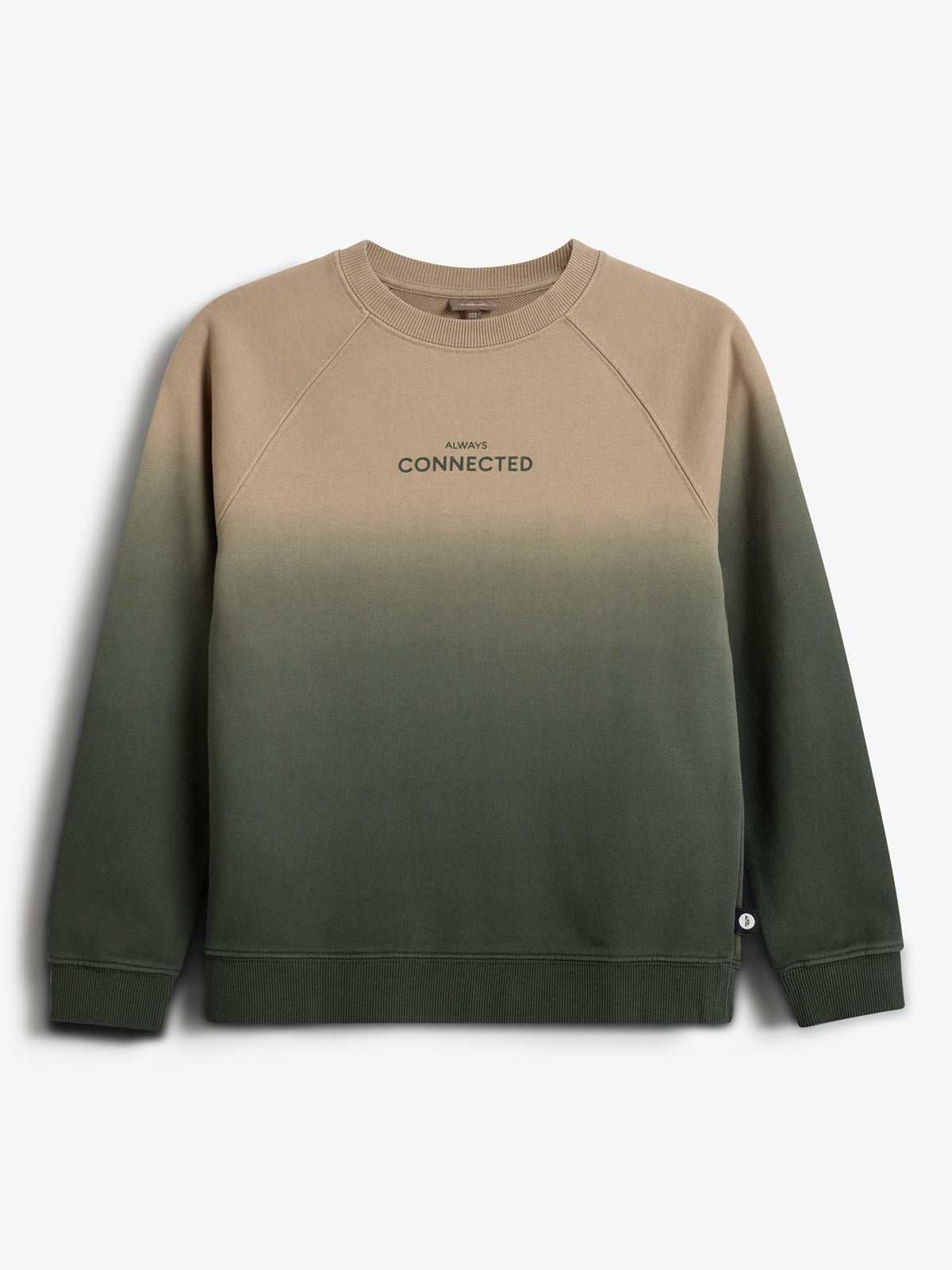 Ein Sweatshirt mit Farbverlauf von Beige zu Dunkelgrün. Auf der Brust steht "ALWAYS CONNECTED". Es hängt in einer hellen, neutralen Umgebung.