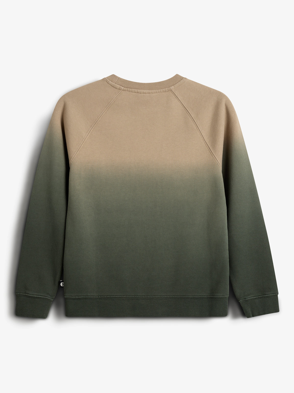 Ein Sweatshirt mit Farbverlauf von Beige zu Dunkelgrün hängt in einem neutralen Umfeld. Die Rückseite zeigt Raglanärmel und Bündchen an den Handgelenken und dem unteren Rand.