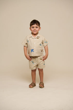 Besticktes Kurzarm-Baumwollhemd - Kids - Light Beige | 101061 Erik