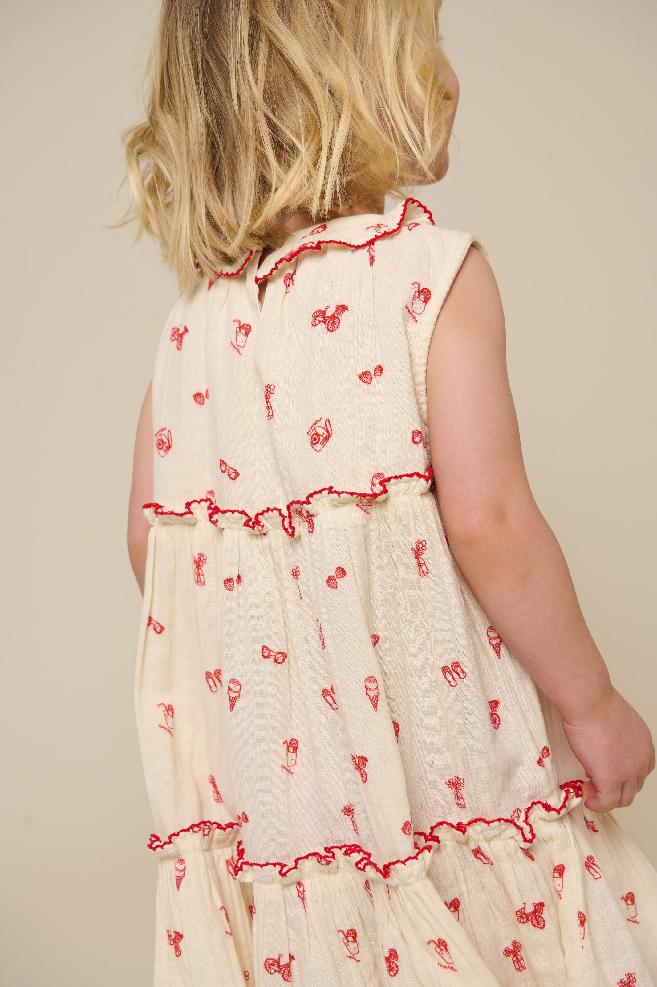 Bedrucktes Gaze-Kleid mit Kragen - Kids - Offwhite/Cherry Red | 100975 Fiona