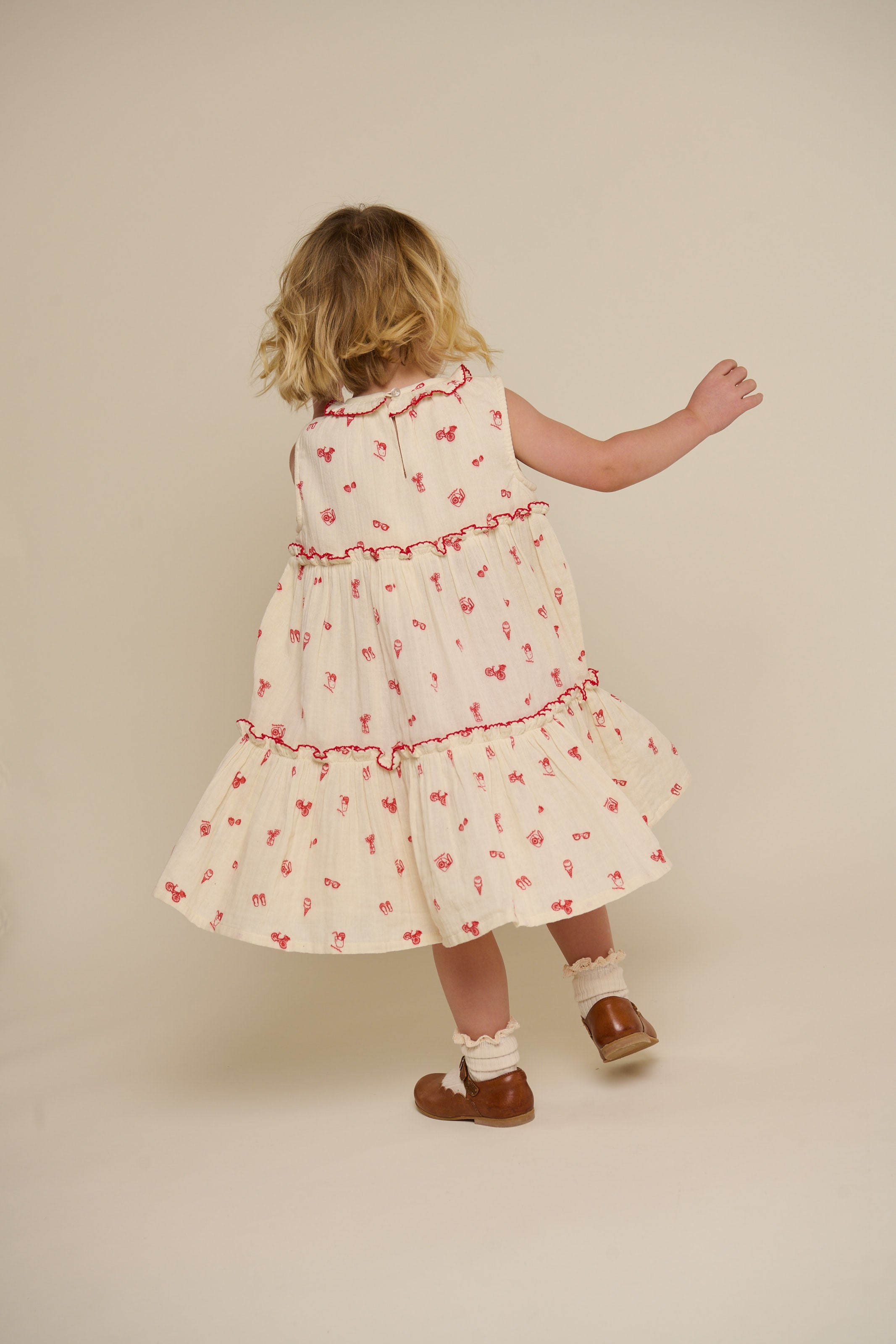 Bedrucktes Gaze-Kleid mit Kragen - Kids - Offwhite/Cherry Red | 100975 Fiona