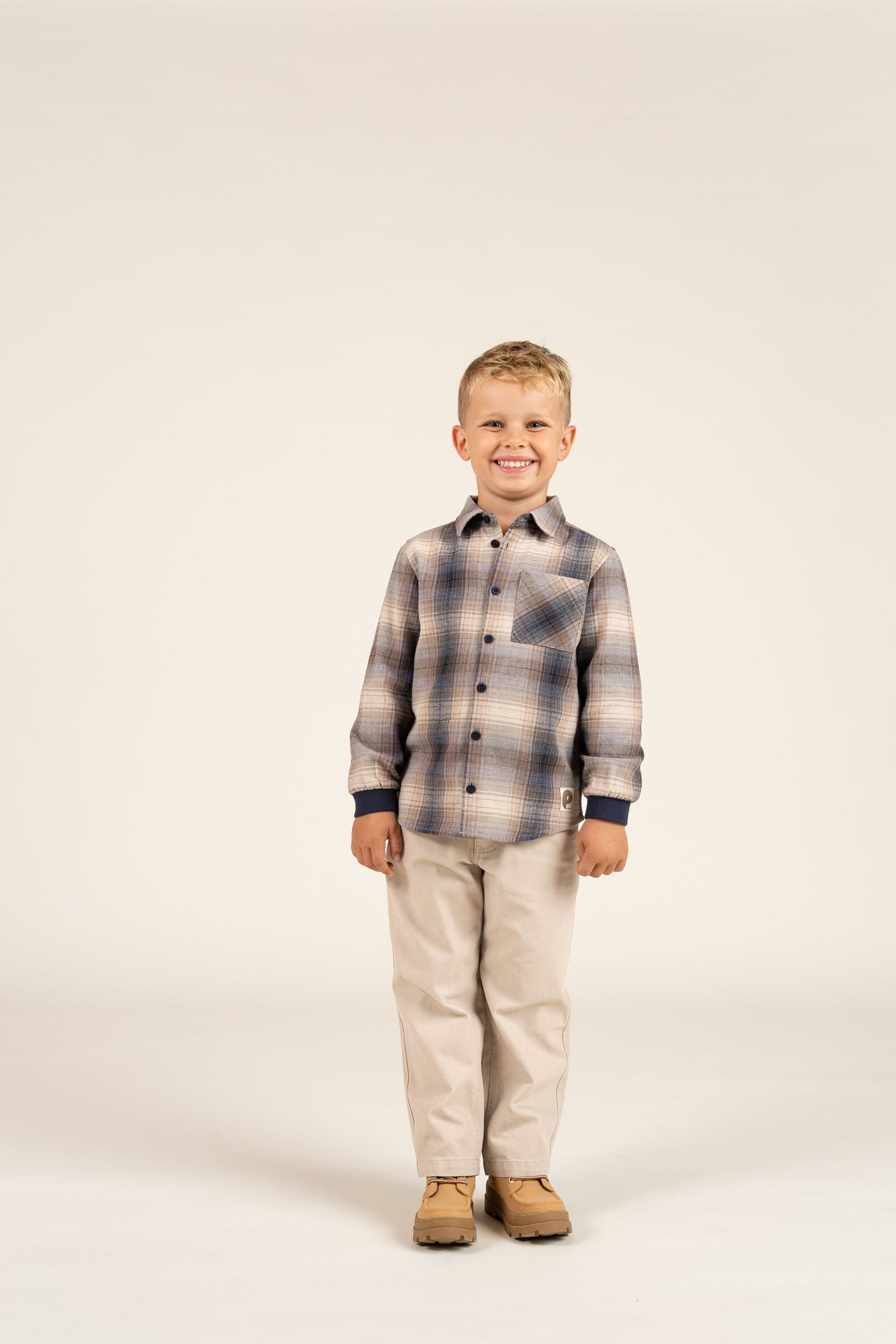 Kariertes Flanellhemd mit Rippbündchen - Kids - Brown Navy Check | 100529 Henry