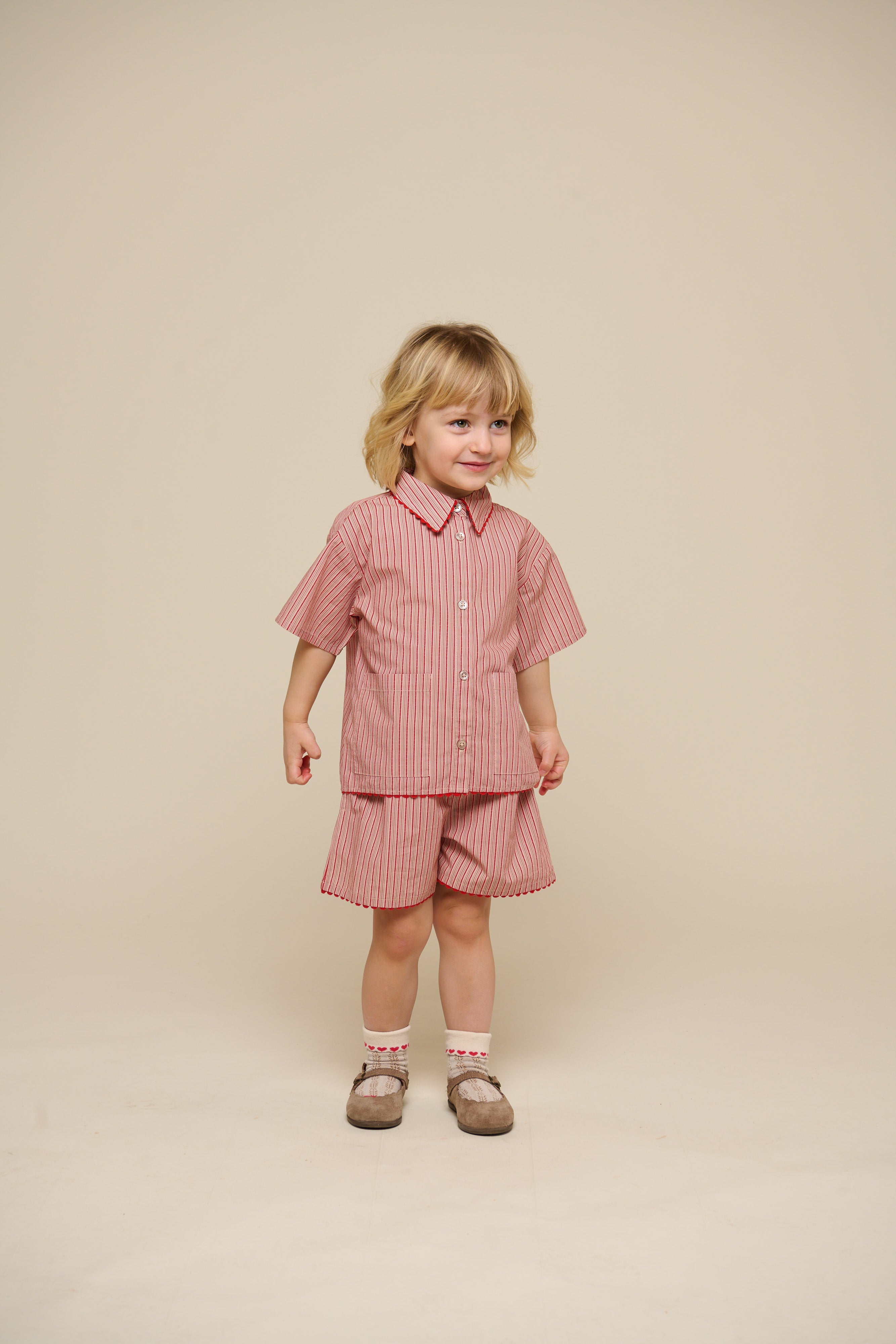 Gestreiftes Poplinhemd und Shorts Set - Kids - Old Rose/Cherry Red | 100946 Olivia