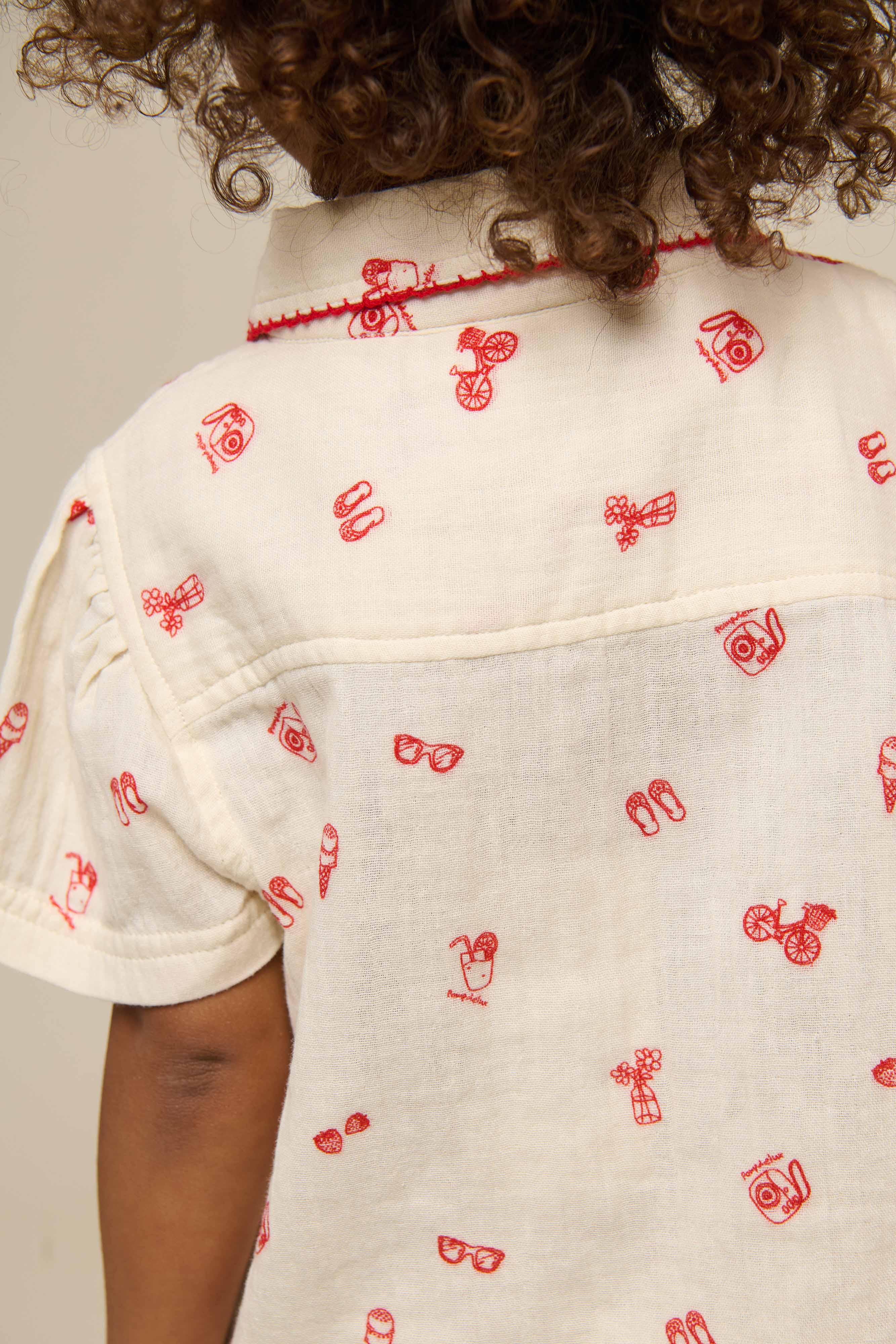 Bedrucktes Gaze Hemd und Shorts-Set - Kids - Offwhite/Cherry Red | 100972 Fiona