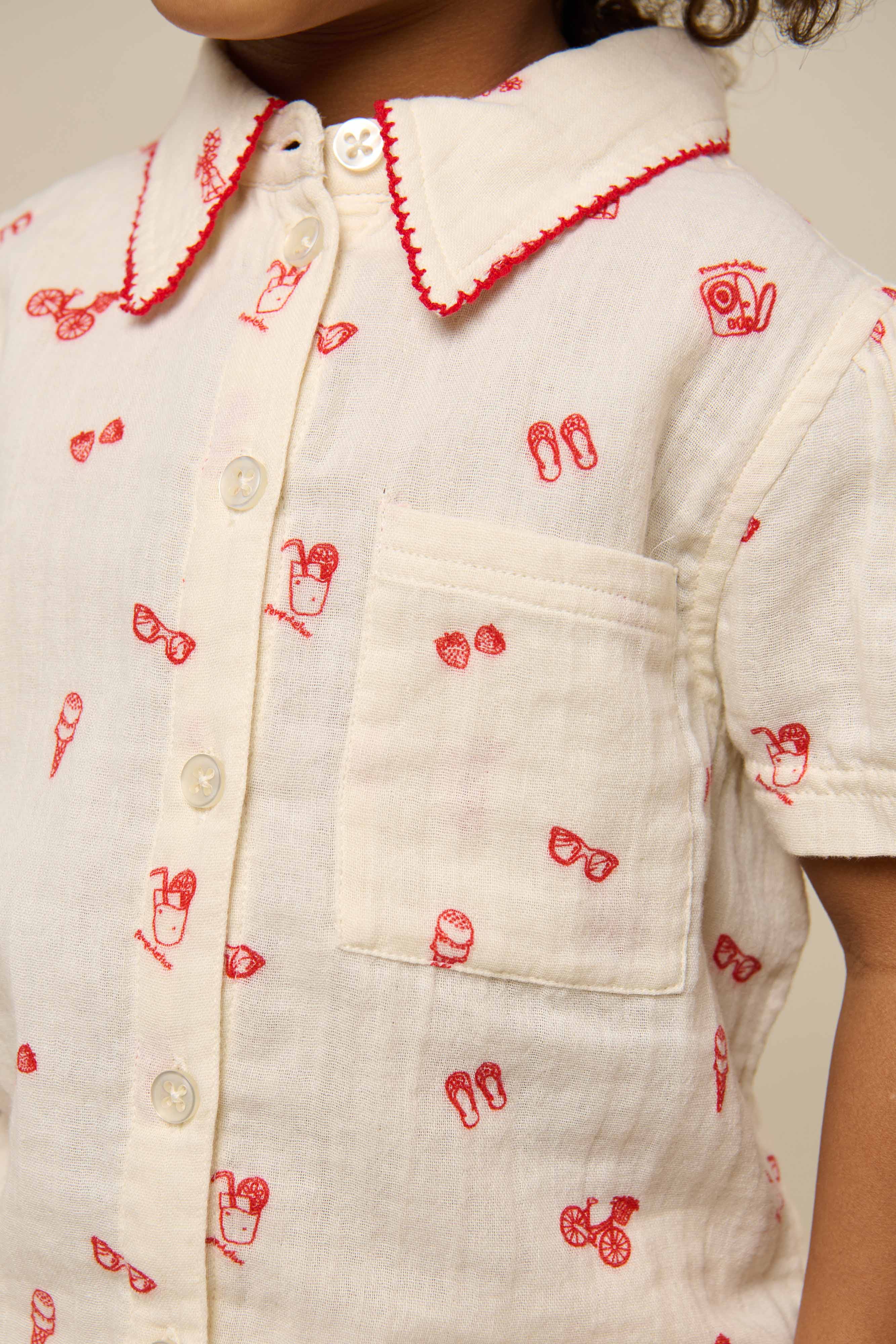 Bedrucktes Gaze Hemd und Shorts-Set - Kids - Offwhite/Cherry Red | 100972 Fiona